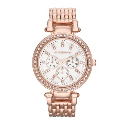 Liz Claiborne® Womens Rose-Tone & Crystal-Accent Oversized Watch