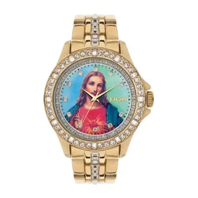 Elgin Mens Crystal-Accent Gold-Tone Jesus Watch
