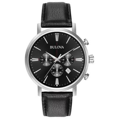 Bulova Mens Chronograph Black Leather Strap Watch 96b262