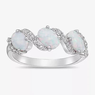 Womens Lab Created White Opal Sterling Silver Cocktail Ring