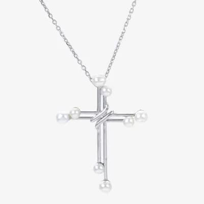 Womens White Cultured Freshwater Pearl Sterling Silver Cross 18 Inch Pendant Necklace