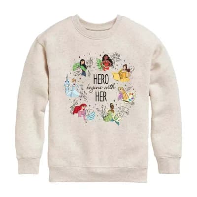 Disney Collection Little & Big Kid Girls Crew Neck Long Sleeve Ariel Belle Cinderella Sweatshirt
