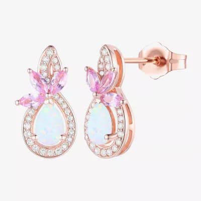 Womens Lab Created White Opal 14K Rose Gold Over Silver Pear Drop Earrings