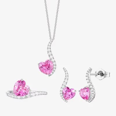 Womens Lab Created Pink Sapphire Sterling Silver Heart 3-pc. Jewelry Set