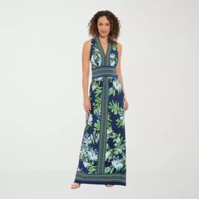 London Times Womens V Neck Sleeveless Maxi Dress