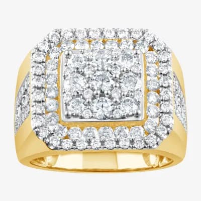 (F / Si2) Mens 2 CT. T.W. Lab Grown White Diamond 14K Gold Over Silver Halo Side Stone Fashion Ring