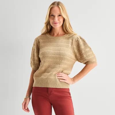 Liz Claiborne Womens Crew Neck Short Sleeve Pullover Sweater