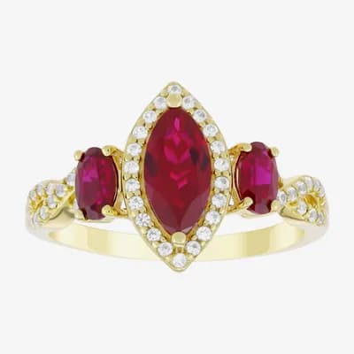 Womens Lab Created Red Ruby 14K Gold Over Silver Marquise Halo Side Stone Cocktail Ring