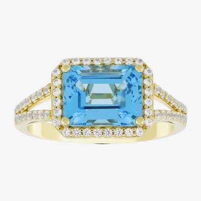 Womens Genuine Blue Topaz 14K Gold Over Silver Halo Side Stone Cocktail Ring