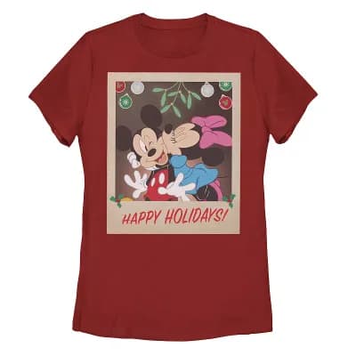 Juniors' Disney's Mickey And Minnie Happy Holidays Christmas Portrait Tee