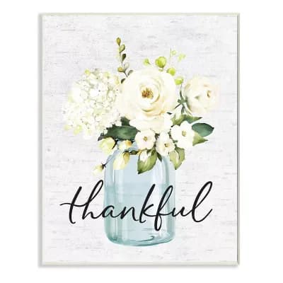 Stupell Home Decor Simple Thankful Phrase Over Country Floral Jar Plaque Wall Art