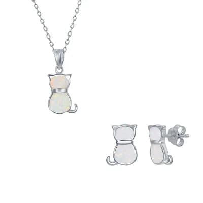 Nautica Rocks Sterling Silver Lab-Created Opal Cat Necklace & Earrings Set