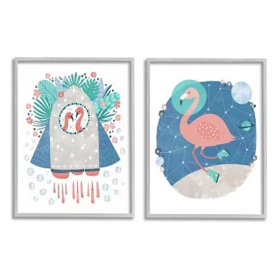 Stupell Home Decor Astronaut Flamingos Gray Framed Wall Art 2 pc Set