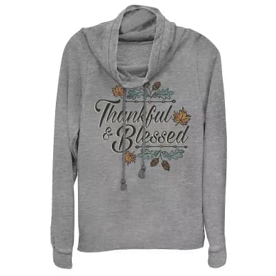 Juniors' Thankful & Blessed Autumn Design Cowlneck Graphic Lightweight Long Sleeve