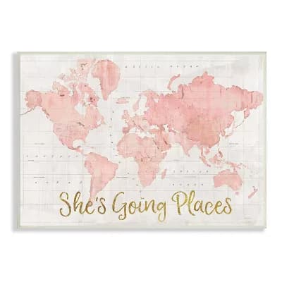 Stupell Home Decor She's Going Places Pink Watercolor World Map Wall Art