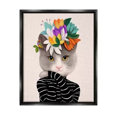 Stupell Home Decor Floral Cat Striped Framed Wall Art