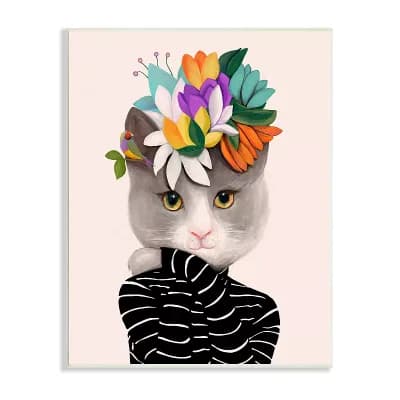 Stupell Home Decor Floral Gray Cat Striped Plaque Wall Art