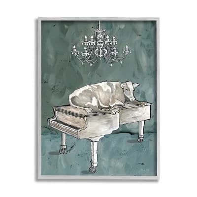 Stupell Home Decor Cow Resting on Piano Fancy Chandelier Framed Wall Art
