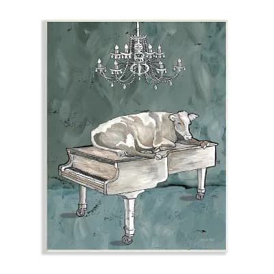 Stupell Home Decor Cow Resting on Piano Fancy Chandelier Framed Wall Art