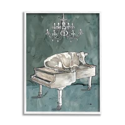 Stupell Home Decor Cow Resting on Piano Fancy Chandelier Framed Wall Art