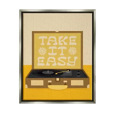 Stupell Home Decor Take it Easy Vintage Boho Record Player Metallic Frame Wall Art