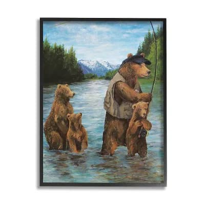 Stupell Home Decor Grizzly Bear Family Fishing Mountain Wall Art