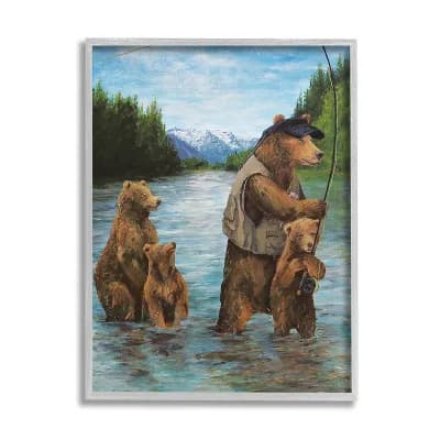 Stupell Home Decor Grizzly Bear Family Fishing Mountain Wall Art