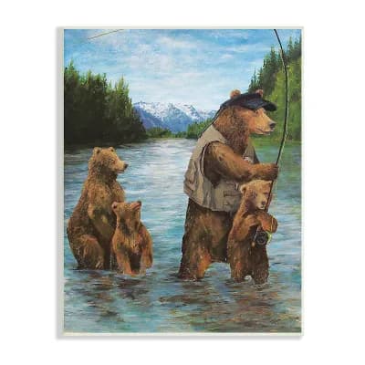 Stupell Home Decor Grizzly Bear Family Fishing Mountain Wall Art