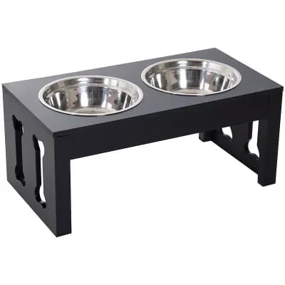 PawHut 23" Modern Decorative Dog Bone Wooden Heavy Duty Pet Food Bowl Elevated Feeding Station Black