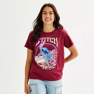 Juniors' Disney's Stitch Surfing Skimmer Graphic Tee