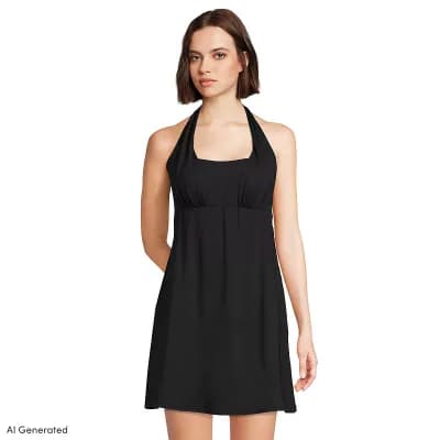 Women's Lands' End Chlorine Resistant Square Neck Halter Swim Dress