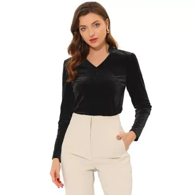 Casual Velvet Top For Women's Office Soft Long Sleeve V Neck T-shirt