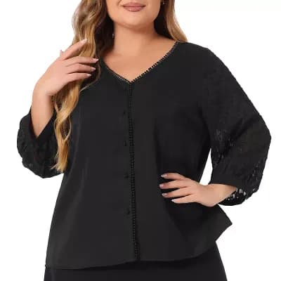 Spring Plus Size Women's V Neck Lace 3/4 Sleeves Top Casual Blouse