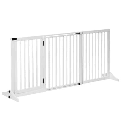 PawHut Wooden Freestanding Pet Gate Adjustable w/ Door Lock Safe Barrier
