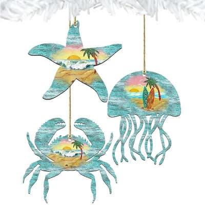Set of 3 - Coastal Wooden Ornaments - Starfish,Jellyfish,Crab - by G. DeBrekht - Coastal Holiday Decor