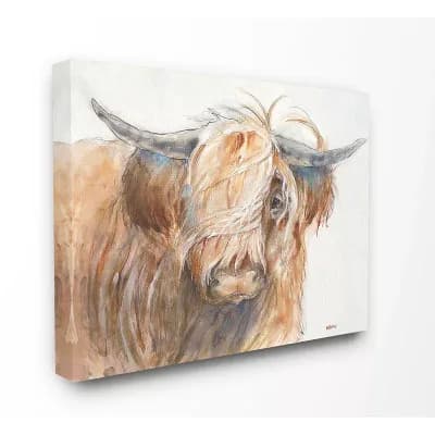 Stupell Home Decor 'Brown Horned Bull with Wind Swept Long Hair' Painting Stretched Canvas Wall Art - Size: 16X20