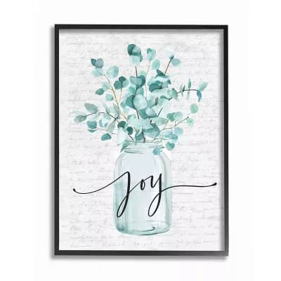 Stupell Home Decor Aqua Blue Plant Leaves In Jar Joy Text Design Wall Art - Size: 24X30