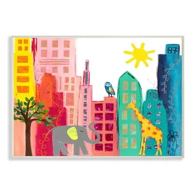 Stupell Home Decor Kid's Safari Animal City Scene Elephant Giraffe Owl Wall Art - Size: 10X15
