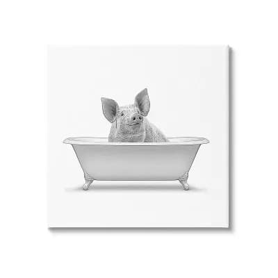 Stupell Home Decor Smiling Farm Pig Bathroom Tub Canvas Wall Art