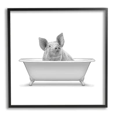 Stupell Home Decor Smiling Farm Pig Bathroom Tub Framed Wall Art