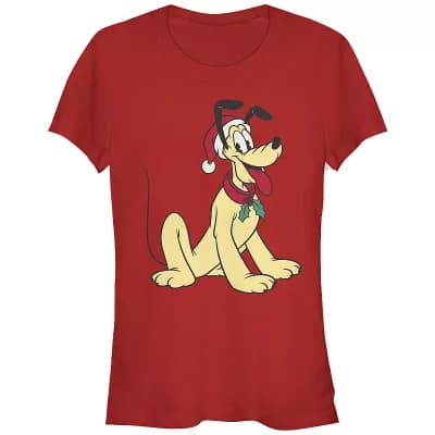 Disney's Mickey Mouse Juniors' Classic Pluto Wearing Santa Hat Graphic Tee