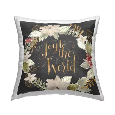 Stupell Home Decor Joy To The World Chic Christmas Holly Wreath Throw Pillow