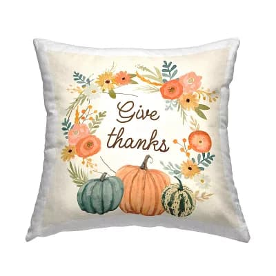 Stupell Home Decor Give Thanks Orange Pumpkin Flower Wreath Throw Pillow