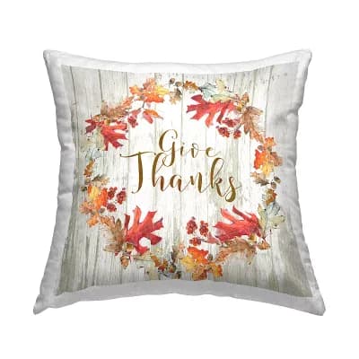 Stupell Home Decor Rustic Give Thanks Autumn Wreath Throw Pillow