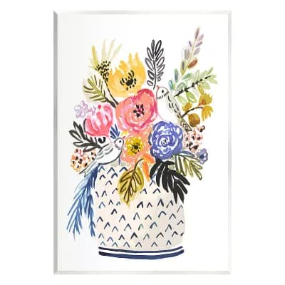 Stupell Home Decor Birds Perched Fun Floral Blossoms Wood Plaque Wall Art