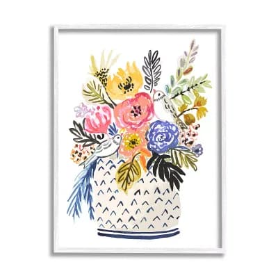 Stupell Home Decor Birds Perched Fun Floral Blossoms Wood Framed Wall Art