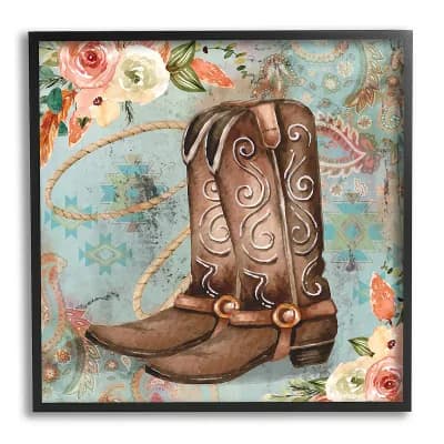 Stupell Home Decor Cowboy Boots Western Paisley Florals Framed Wall Art