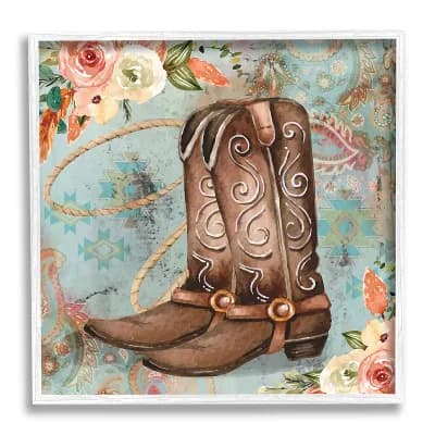 Stupell Home Decor Cowboy Boots Western Paisley Florals Framed Wall Art