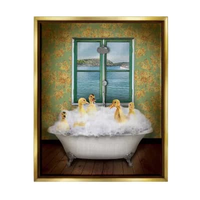 Stupell Home Decor Ducks Bath Tub Gold Finish Framed Wall Art