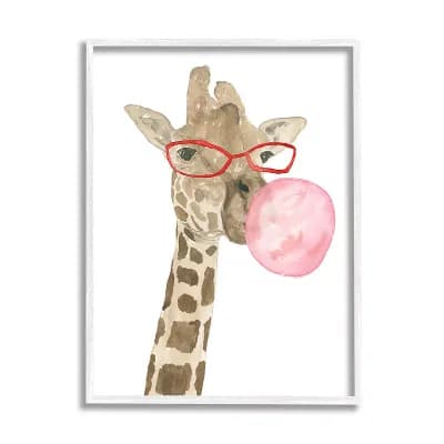 Stupell Home Decor Fun Giraffe Bubblegum White Framed Wall Decor